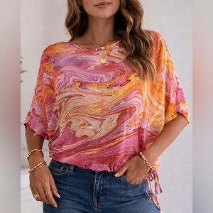 Laura Petites Abstract Blouse Petite XS Pink Orange Sheer Tie Hem Top